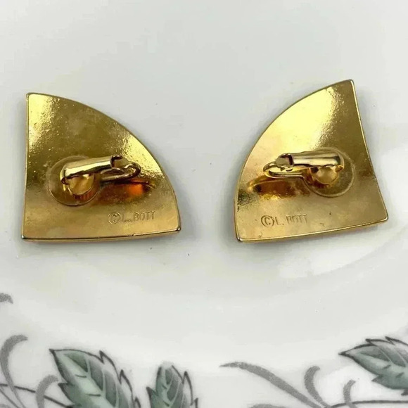 VTG Green-Blue Enamel L. Bott Clip On Earrings Gold Tone Signed - Picture 6 of 8